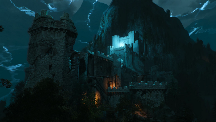 Castle ruins on a mountain at night, The Witcher 3
