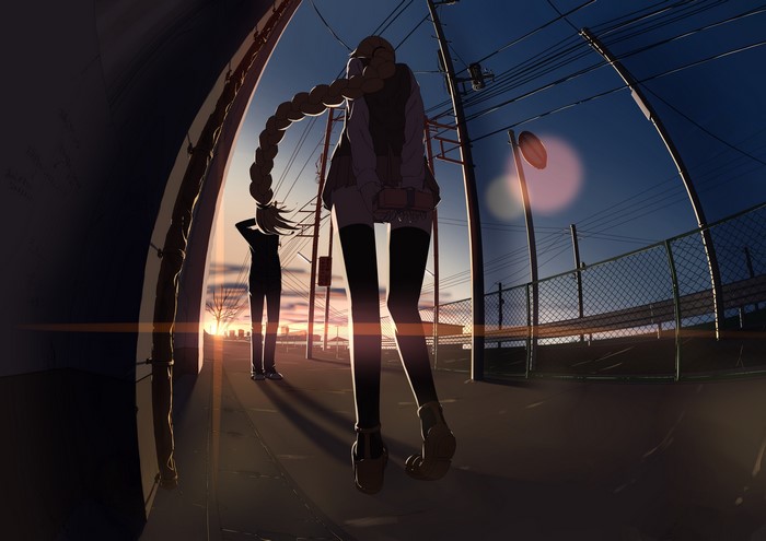 Anime girl with braids and boy at sunset