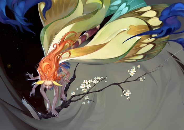 Fantasy girl with butterfly wings on a branch with sakura
