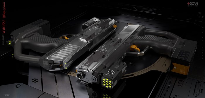 Two futuristic pistols by ASUKA Corporation