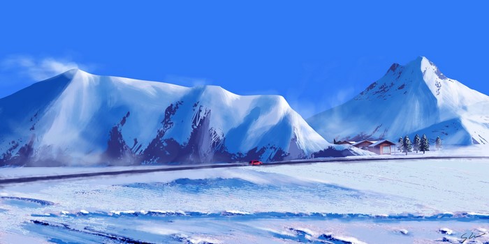 Digital art of snowy mountains with a car and village