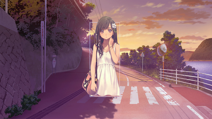 Anime girl in a white dress on a street at sunset