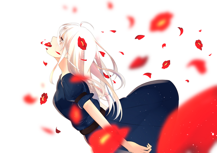 Anime girl with white hair and red eyes surrounded by petals