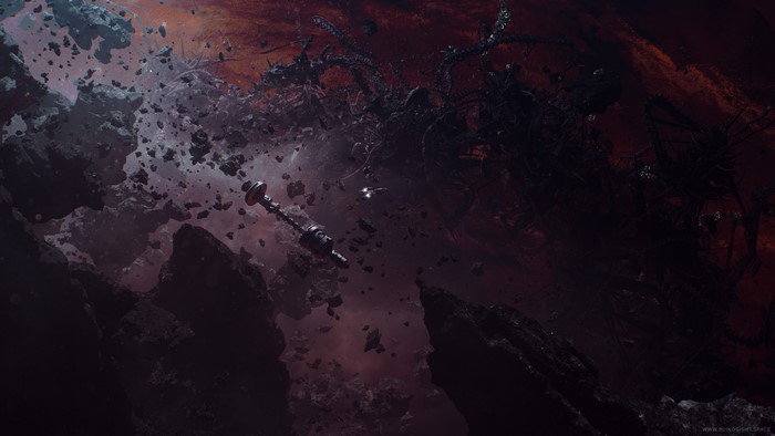 Theseus spaceship in a debris field with dark alien structures