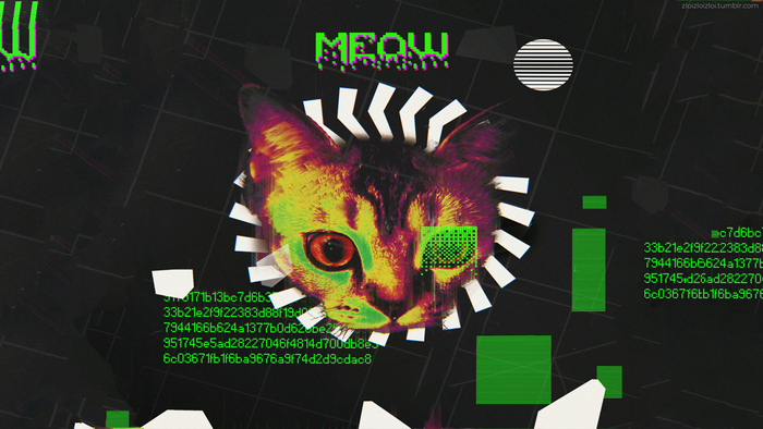 Glitch Art Cat with "MEOW" text