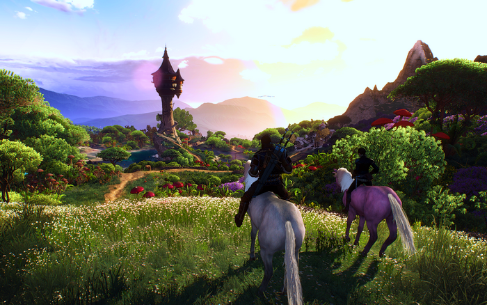 Two riders on horseback in a fantasy landscape with a tower