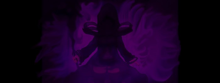 Anime character in dark purple smoke