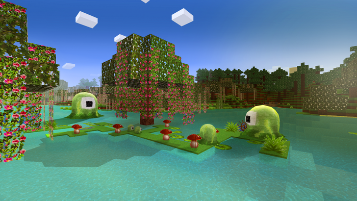 Pixelated swamp with cartoonish creatures and trees