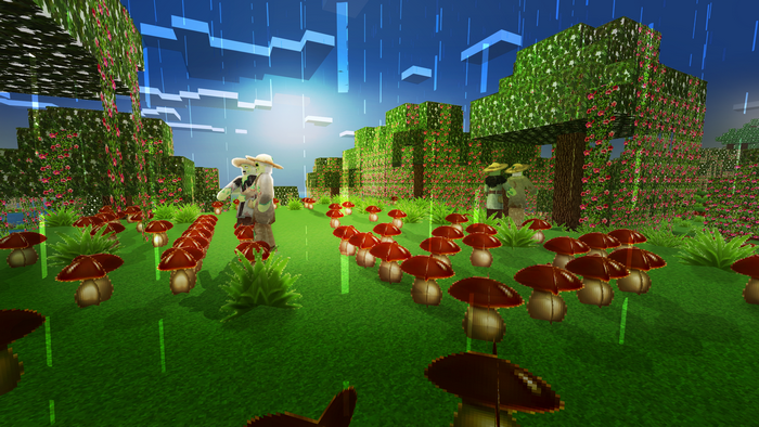 Two figures in a pixelated mushroom forest with rain
