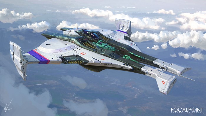Science fiction spaceship flying through clouds