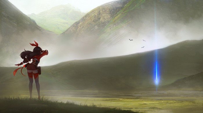 Amber from Genshin Impact in a misty landscape