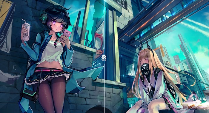 Two anime girls in a futuristic city