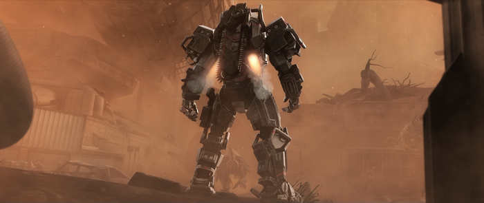 Mech Warrior in a Ruined City