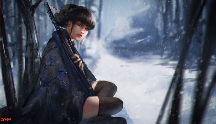 Fantasy girl with katana in a snowy forest