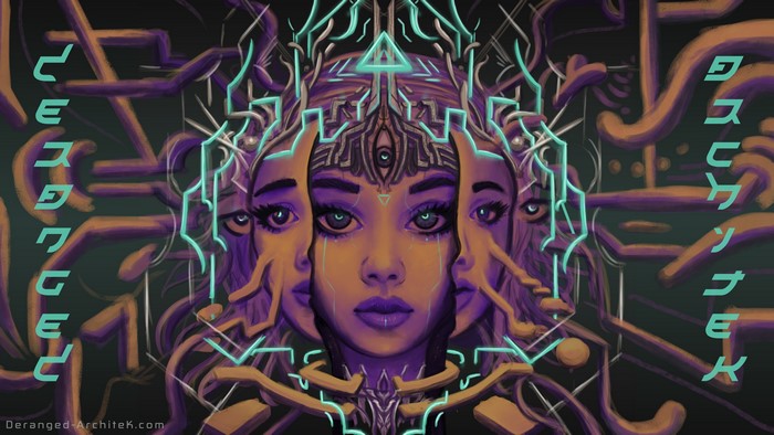 Psychedelic painting of a woman with multiple faces