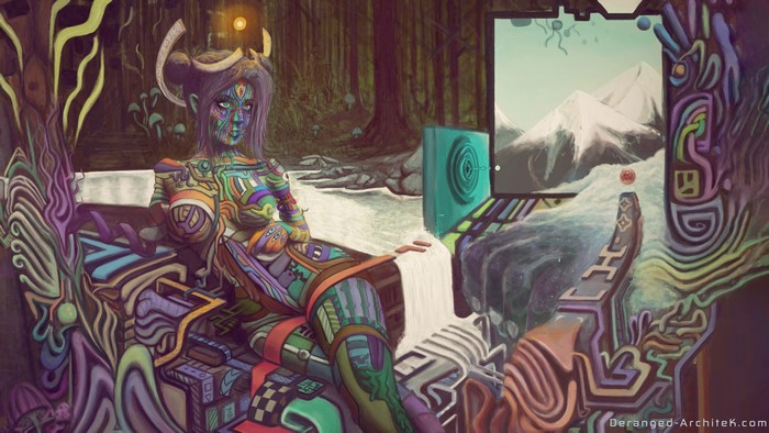 Psychedelic painting of a woman in a forest