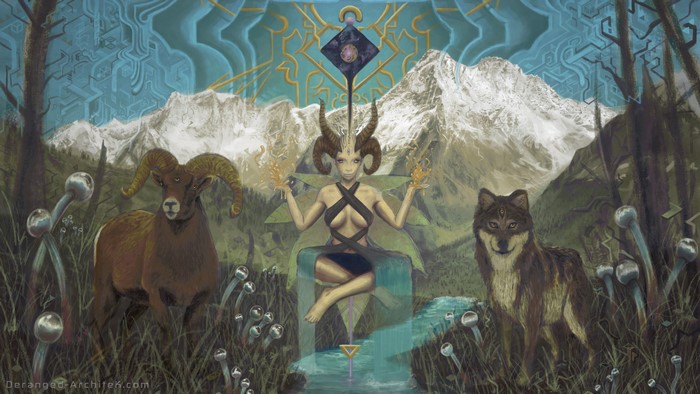 Fantasy painting of mountains, wolf, and ram-headed woman