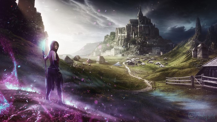 Fantasy girl with staff in front of a castle village