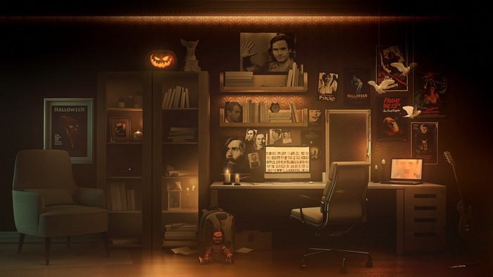 Room decorated with Halloween and serial killer memorabilia