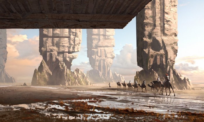 Digital art of a caravan crossing a desert landscape with rock pillars
