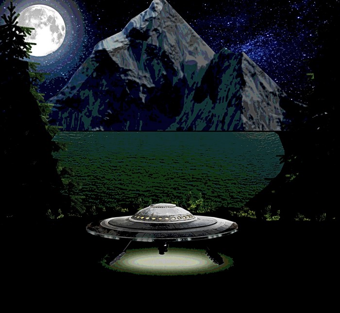 UFO hovering over a lake at night with mountains and moon