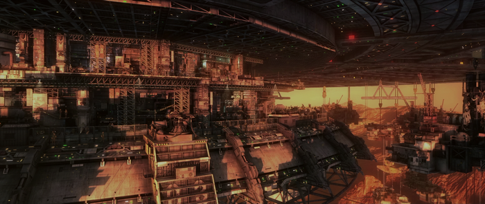 Industrial complex with cranes and structures under a hazy sky