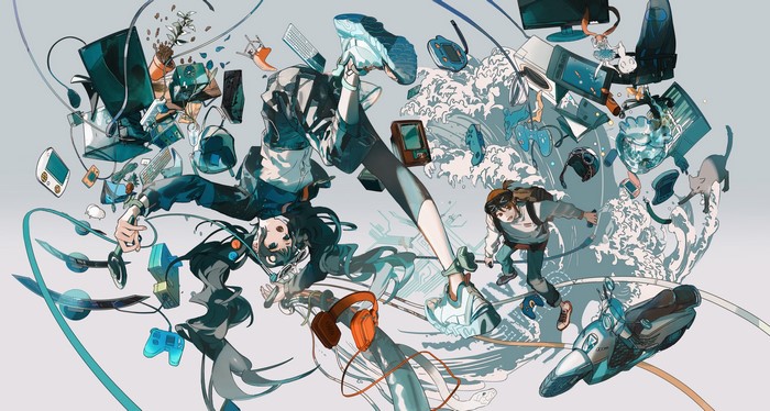 Anime girls surrounded by technology and water waves