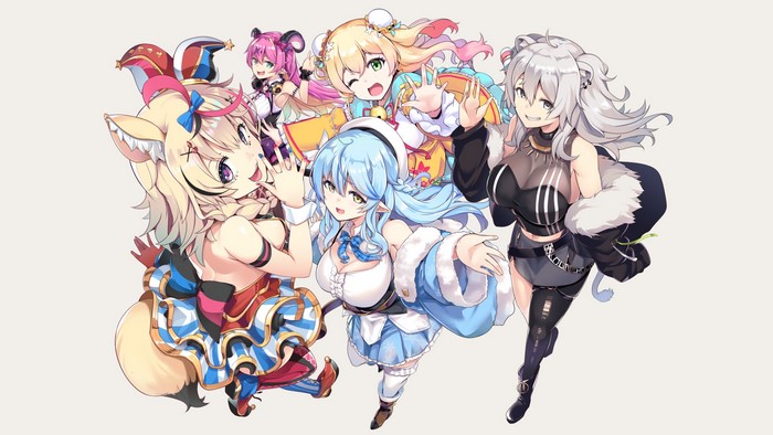 Omaru Polka, Muneshiro, Momosuzu Nene, Shishiro Botan, Yukihana Lamy from Hololive