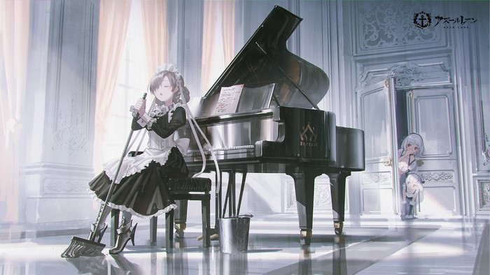 Maid characters in a room with a grand piano