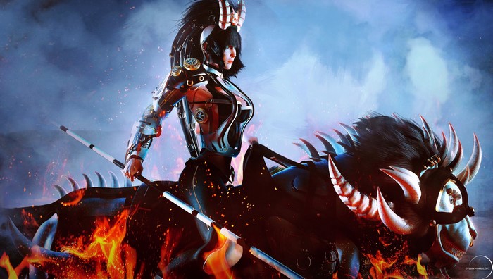 Cyberpunk woman with horns riding a fiery beast