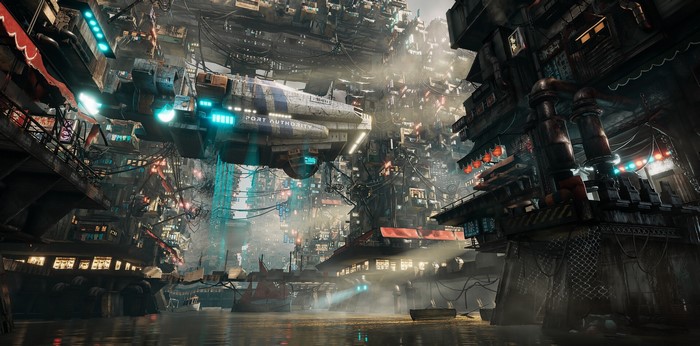 Futuristic cyberpunk city with a port authority vehicle