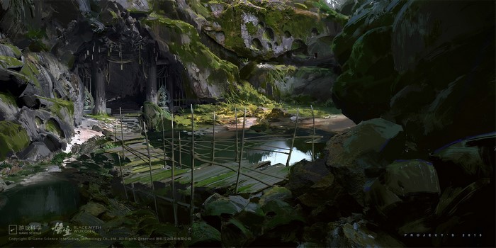 Black Myth: Wukong artwork of a cave entrance with a bridge