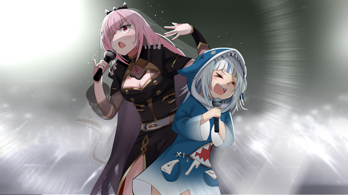 Mori Calliope and Gawr Gura singing on stage