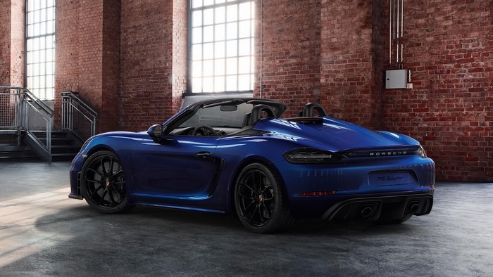 Blue Porsche 718 Spyder convertible sports car