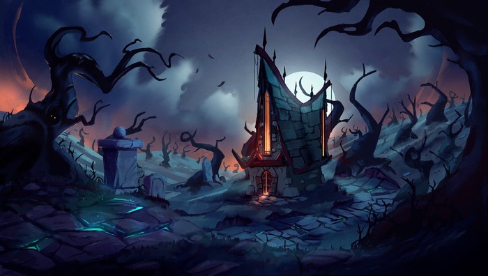 Halloween cottage in a spooky graveyard under moonlight