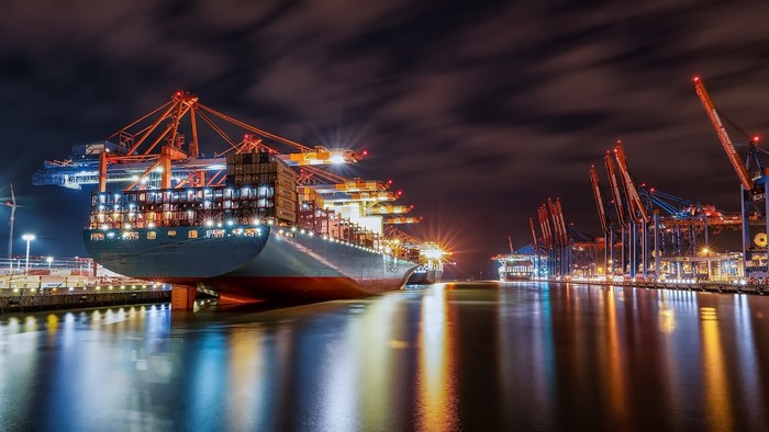 Container ship at Hamburg port at night