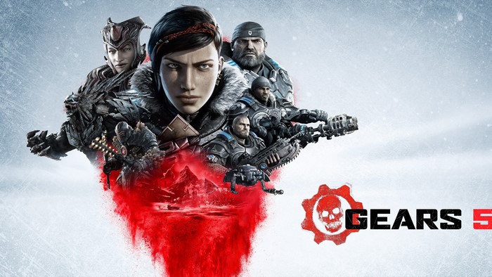 Gears 5 video game art with characters and logo