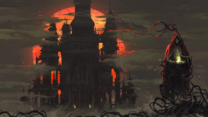 Dark fantasy castle with a hooded figure holding a glowing orb