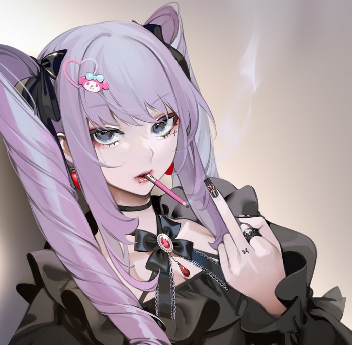 Anime girl with purple twintails smoking
