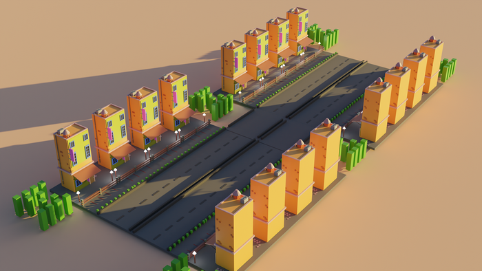 Low poly city street with buildings and trees