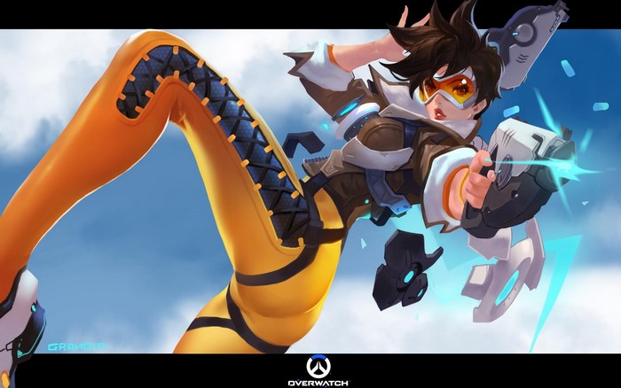 Tracer from Overwatch firing her weapon