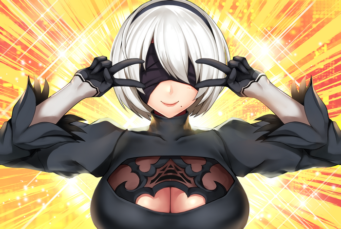 2B from Nier: Automata making a peace sign