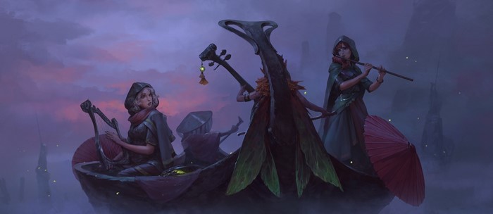 Women playing musical instruments in a boat