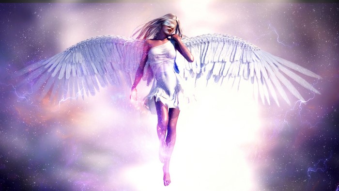 Angel with white wings and blindfold in colorful sky