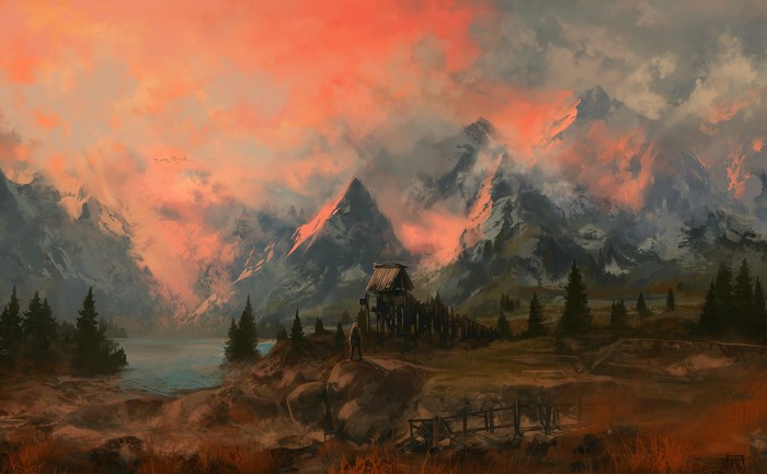 Skyrim Mountains with a Small Settlement at Sunset