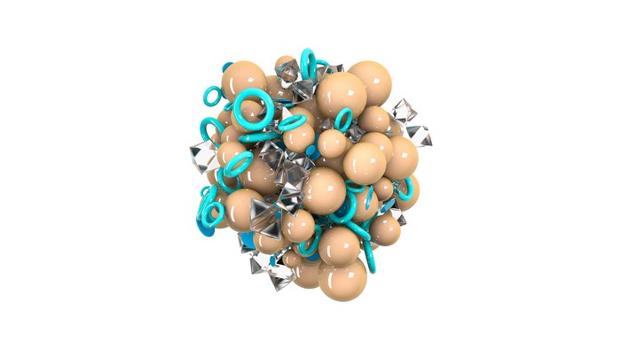 Abstract 3D render of spheres, rings, and cubes