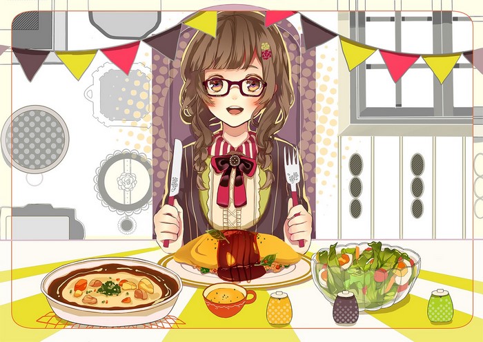 Anime girl with glasses eating a meal