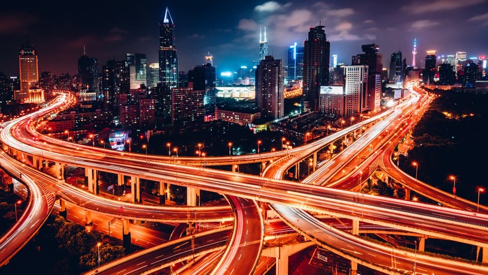 4K Shanghai cityscape with traffic at night