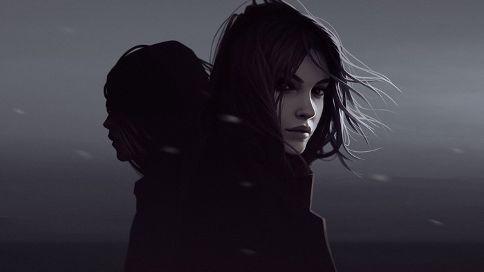 Anime girl with dark hair in the wind