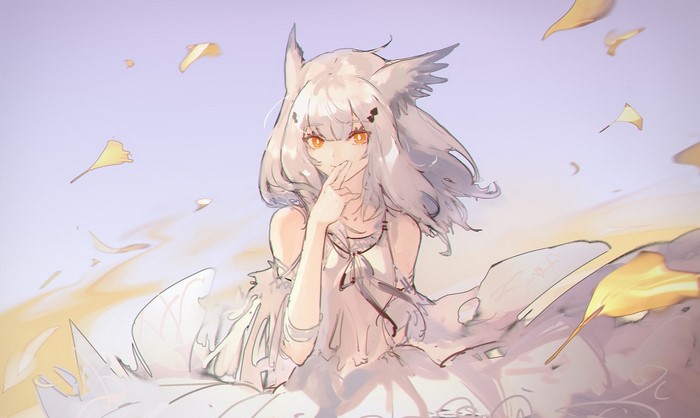 Ptilopsis from Arknights with silver hair and yellow eyes
